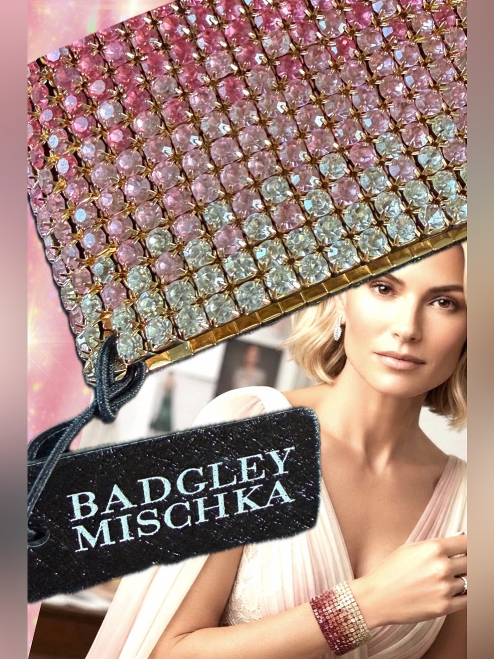 Badgley Mischka Shimmering Pink Crystal Statement Bracelet/ Cuff / Stretch